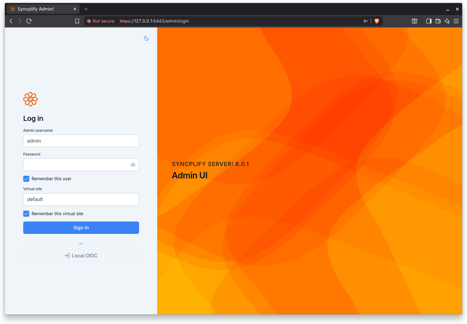 The Admin UI login screen