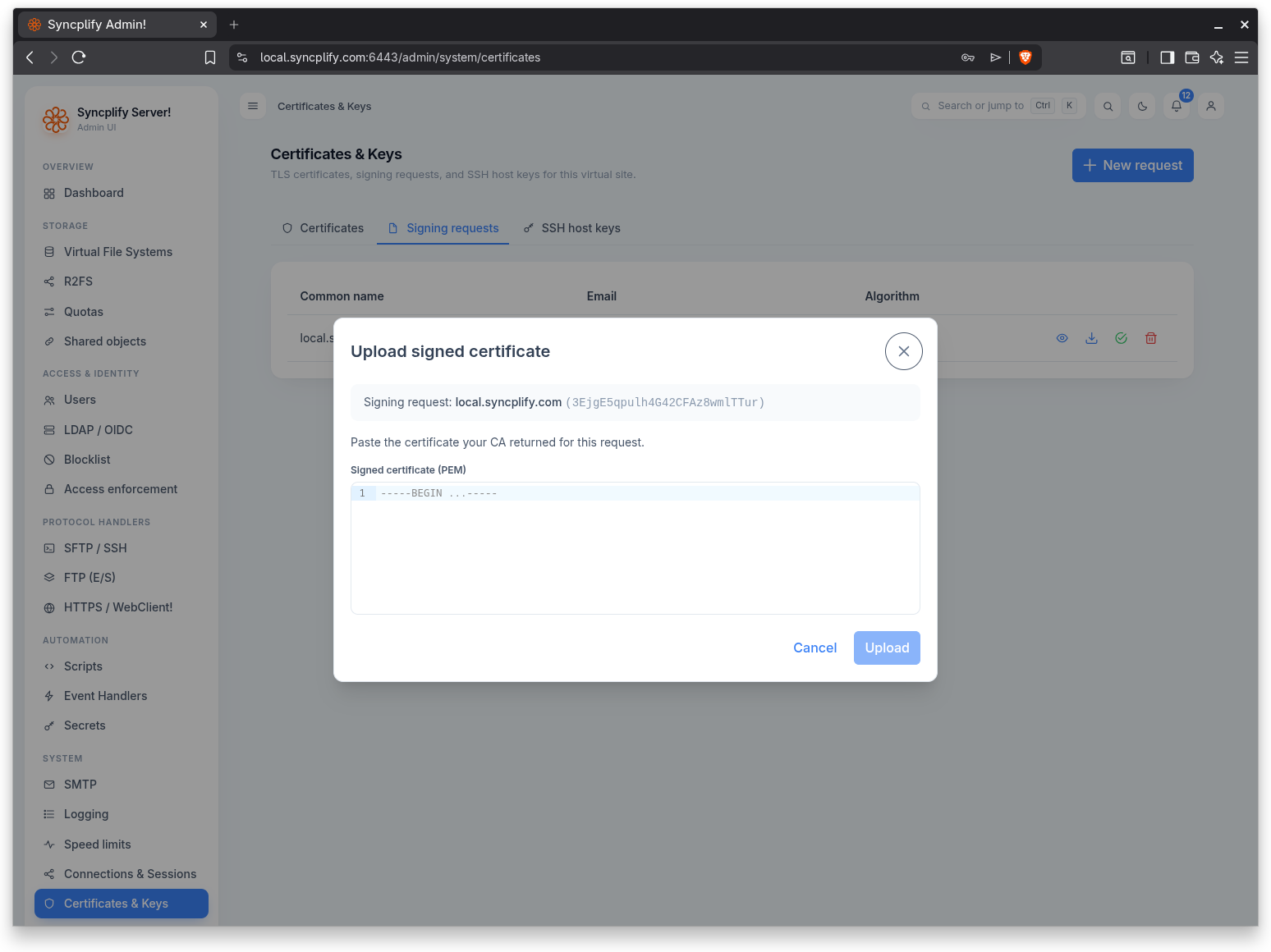 Upload signed certificate dialog