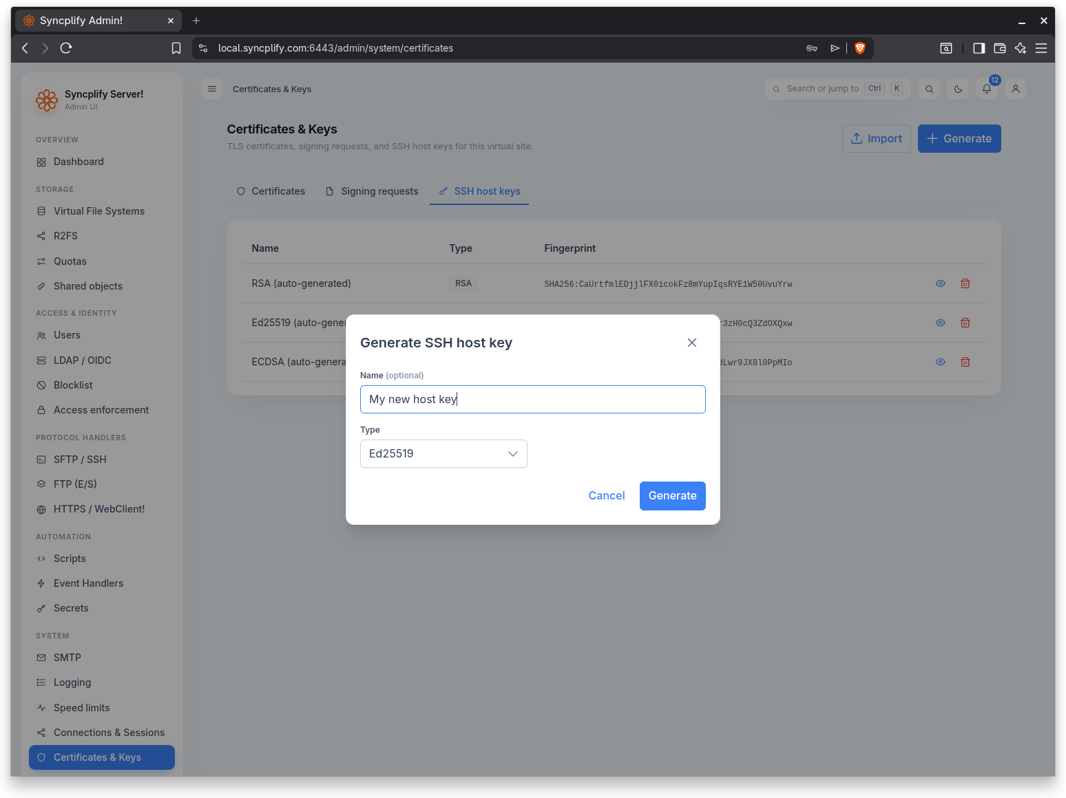 Generate SSH host key dialog