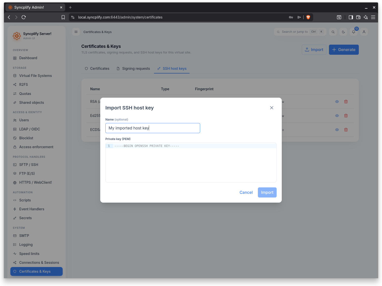 Import SSH host key dialog