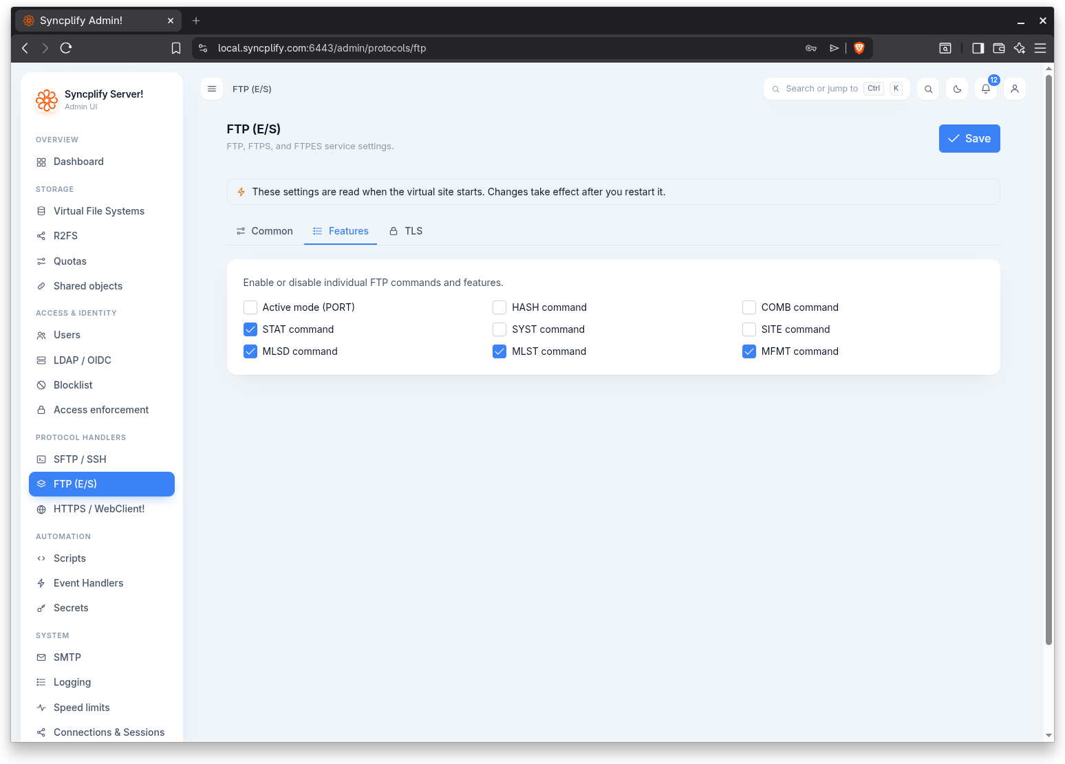 Features tab with the command toggles
