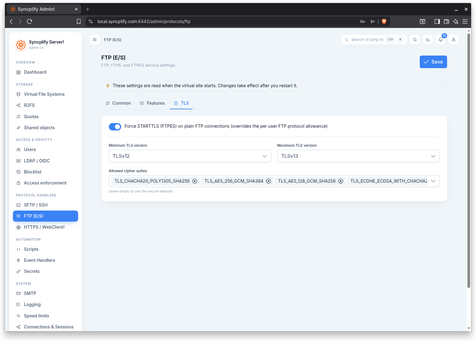TLS tab of the FTP page