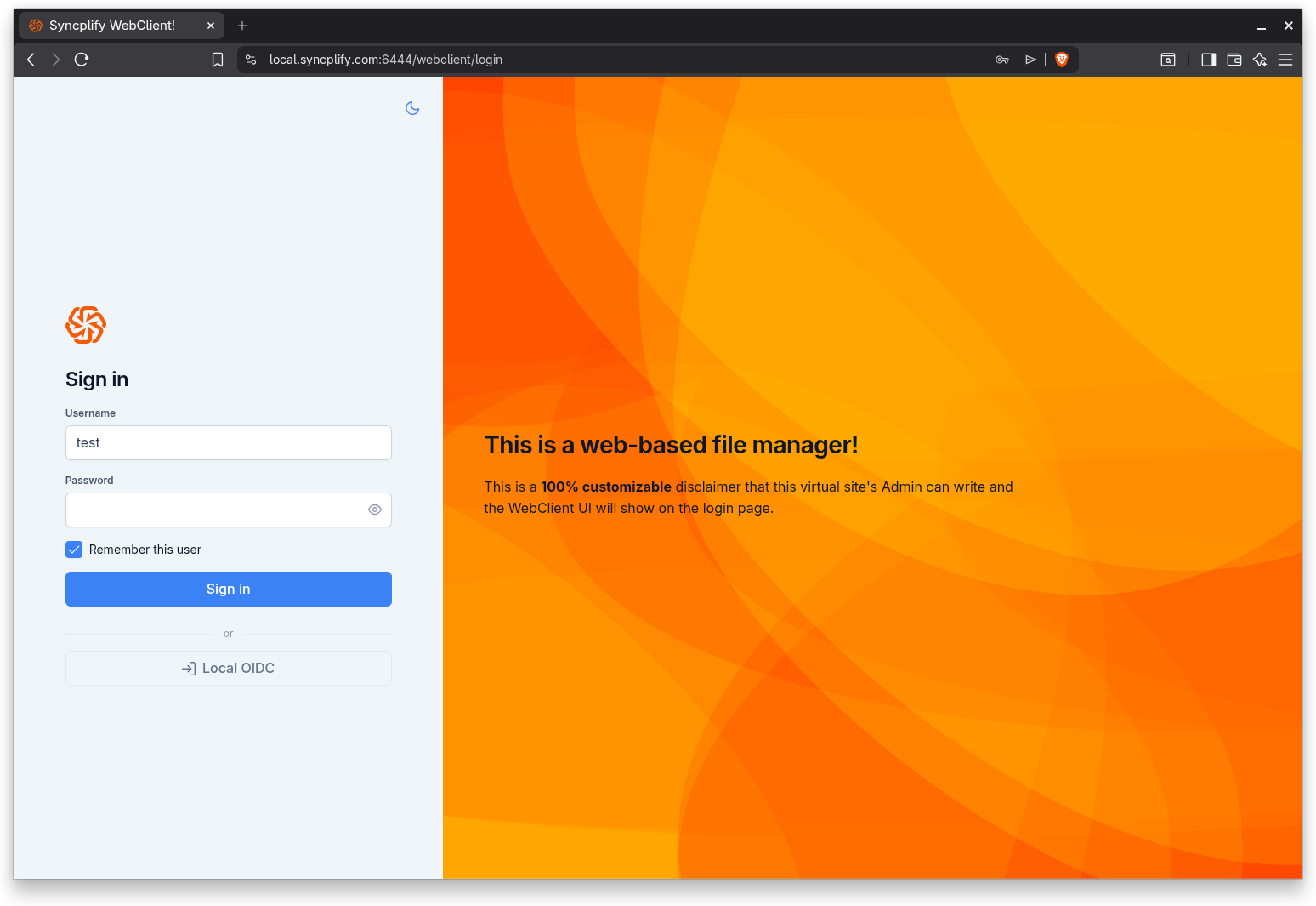 The WebClient sign in screen