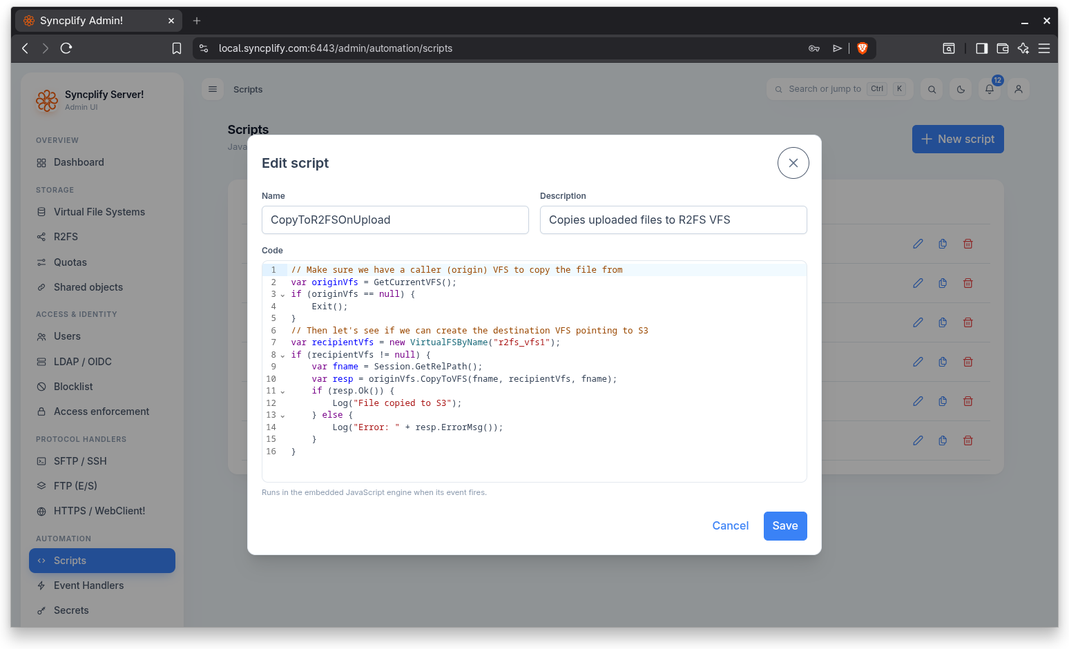 New script editor dialog with name, description, and code