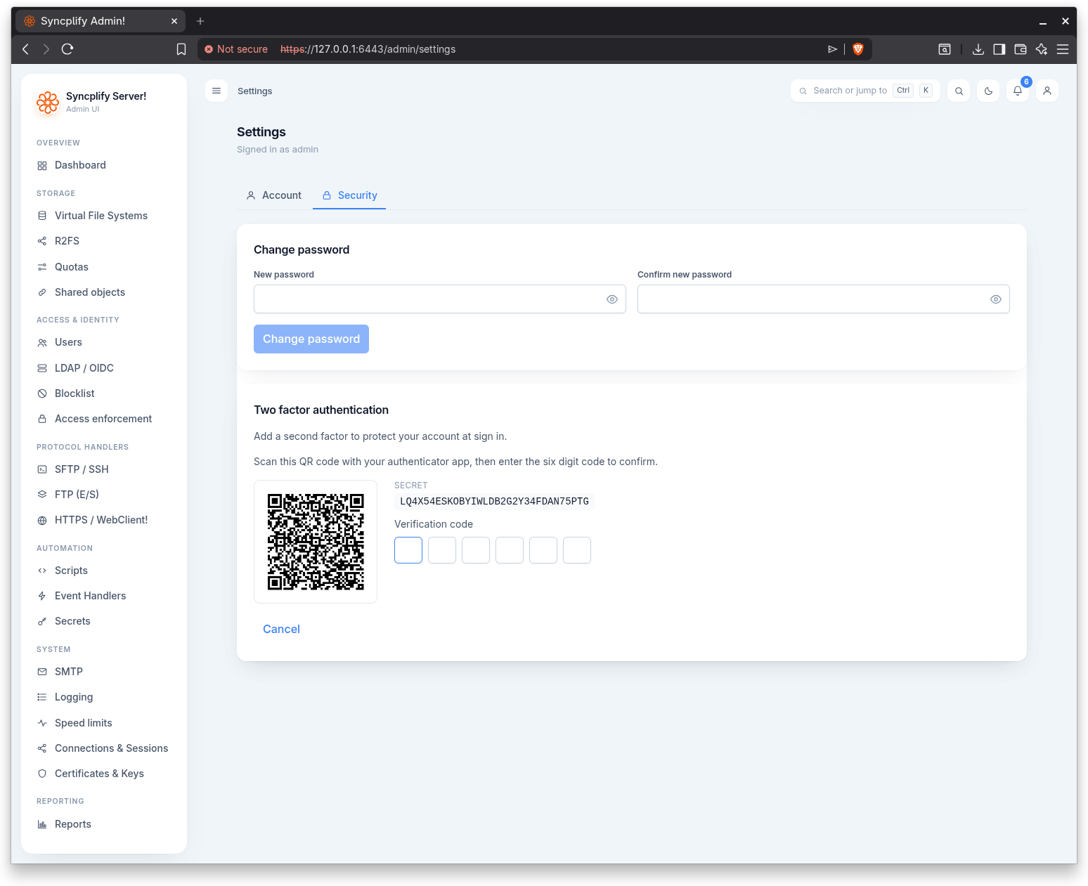 The Security tab of account settings