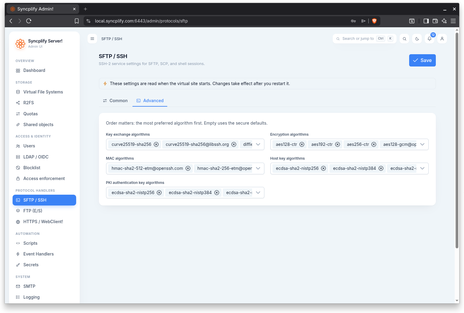Advanced tab with the algorithm lists