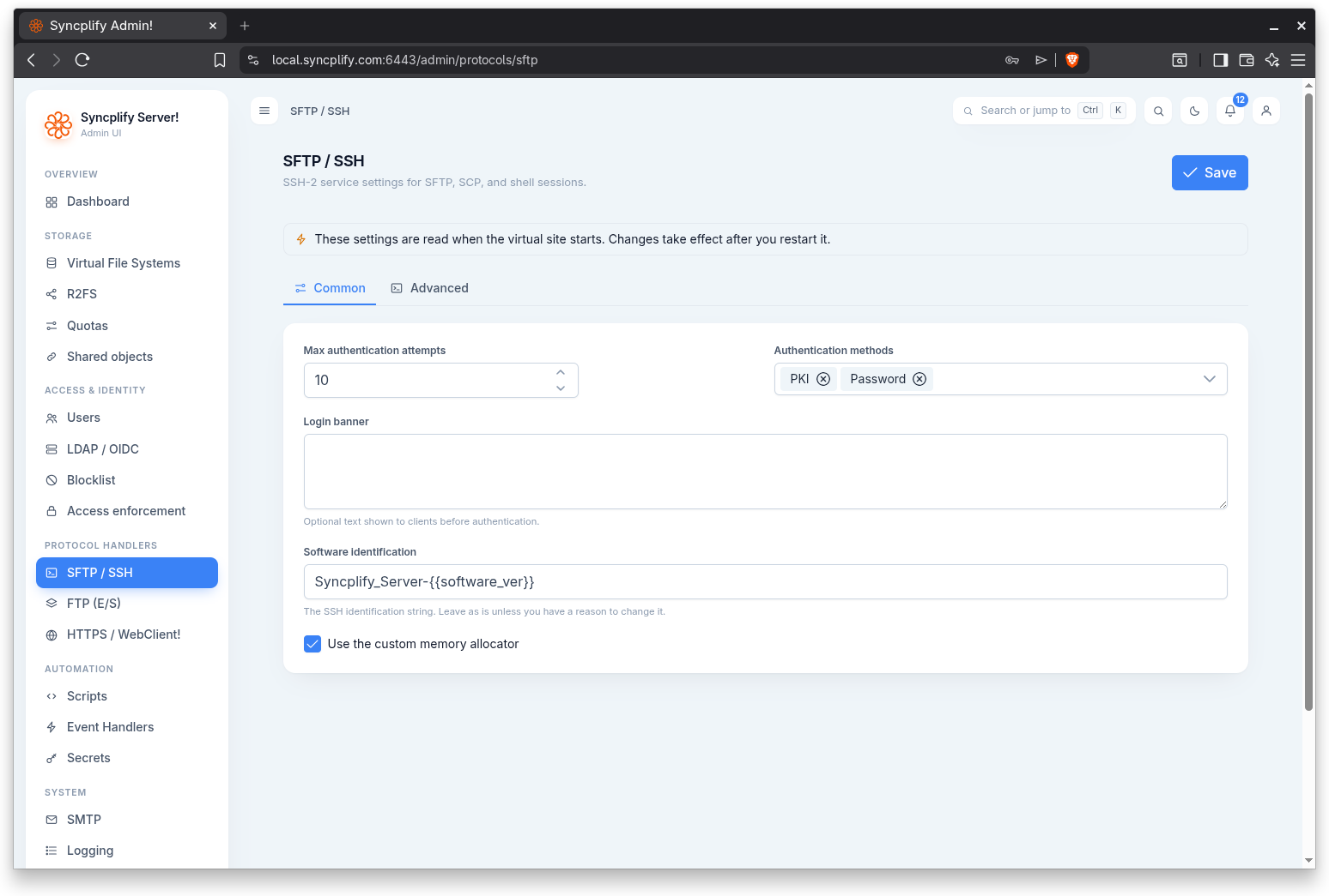 Common tab of the SFTP page