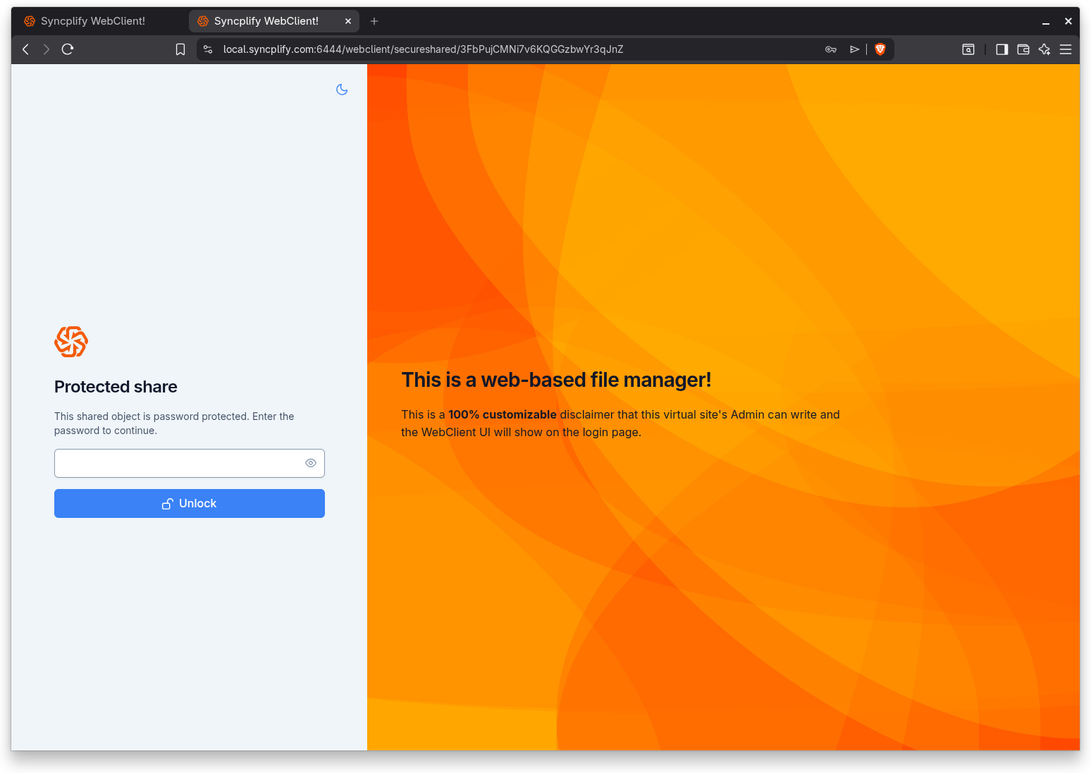 The unlock screen for a password protected share