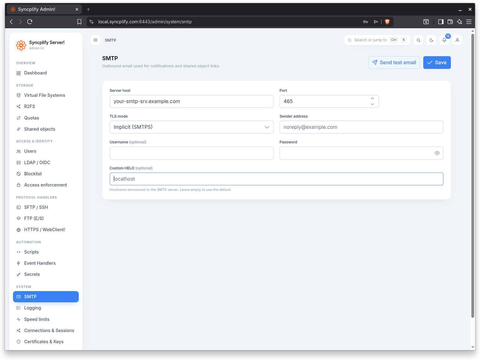 SMTP settings page