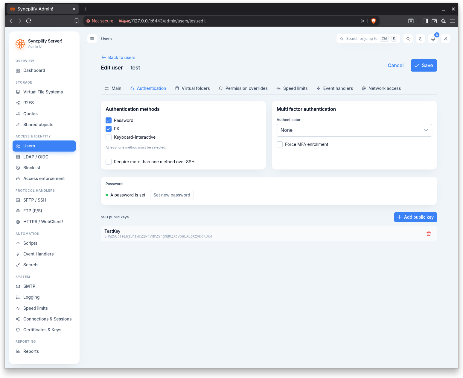 The Authentication tab of the user editor
