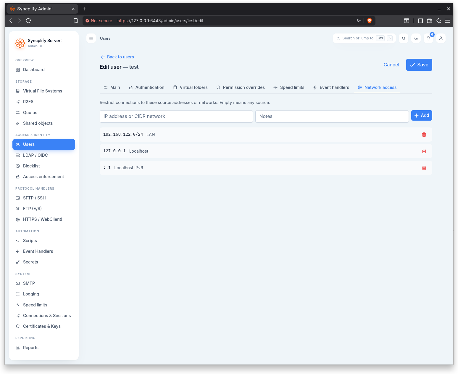 The Network access tab of the user editor