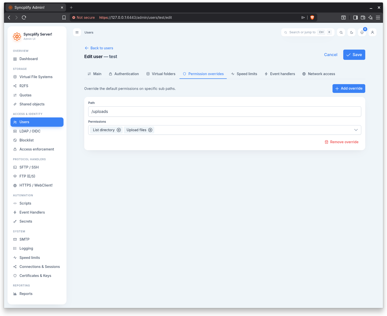 The Permission overrides tab of the user editor