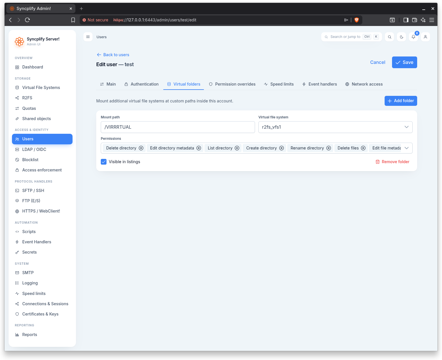 The Virtual folders tab of the user editor