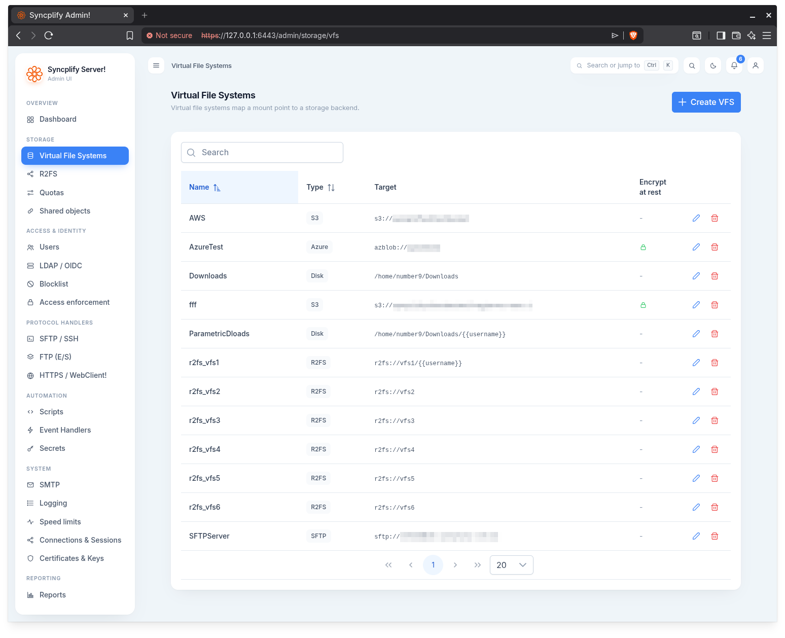 The Virtual File Systems list page