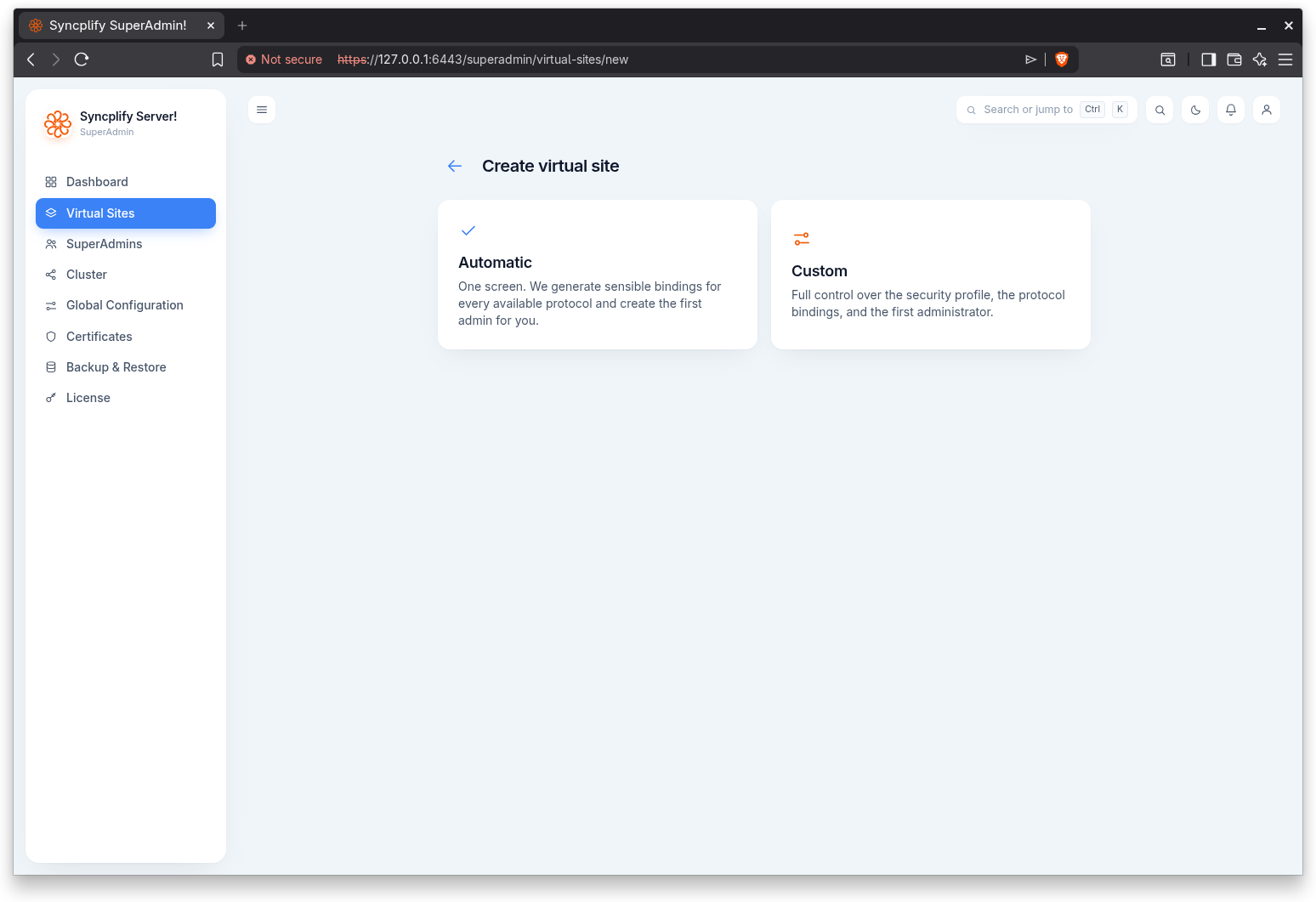 Create virtual site choice