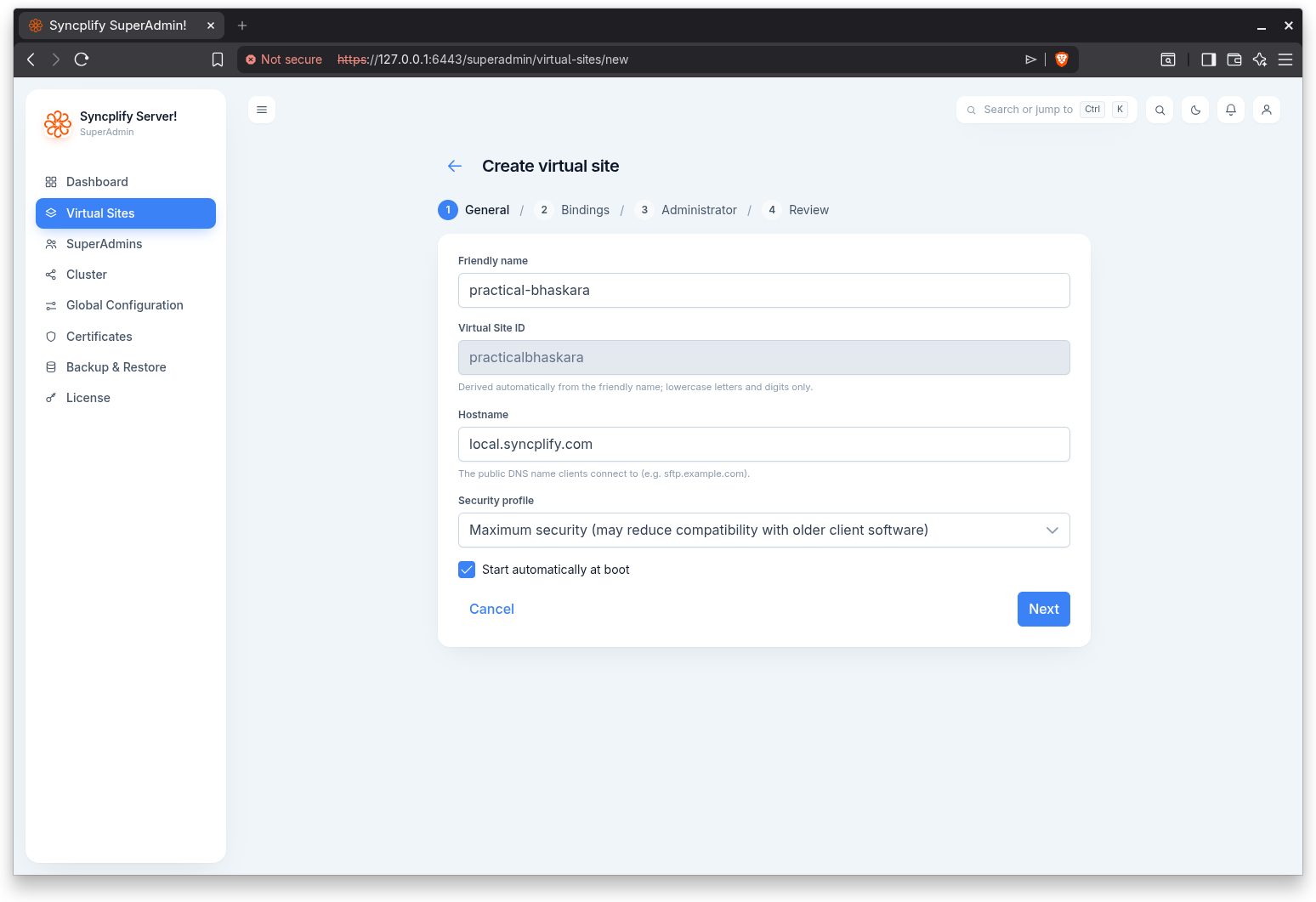 Create virtual site general step