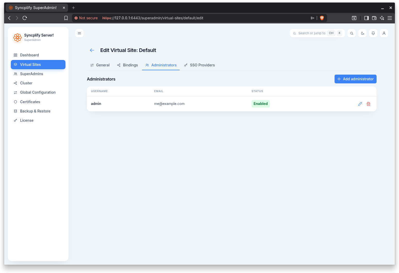 Virtual site administrators tab