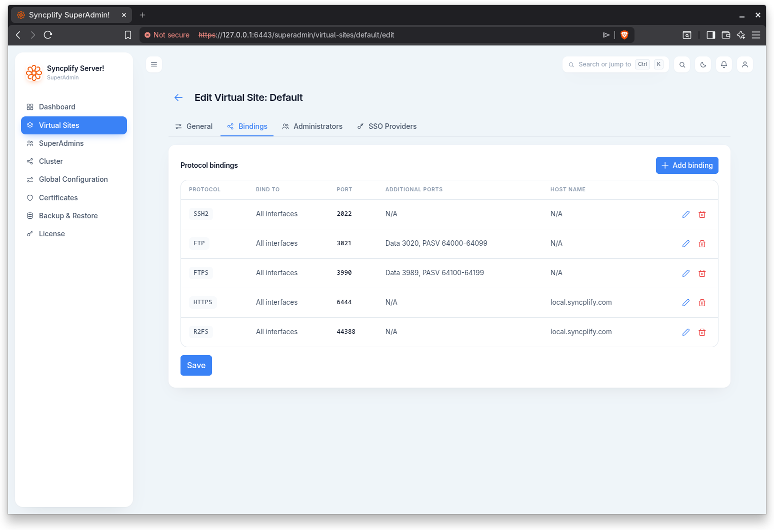Virtual site bindings tab