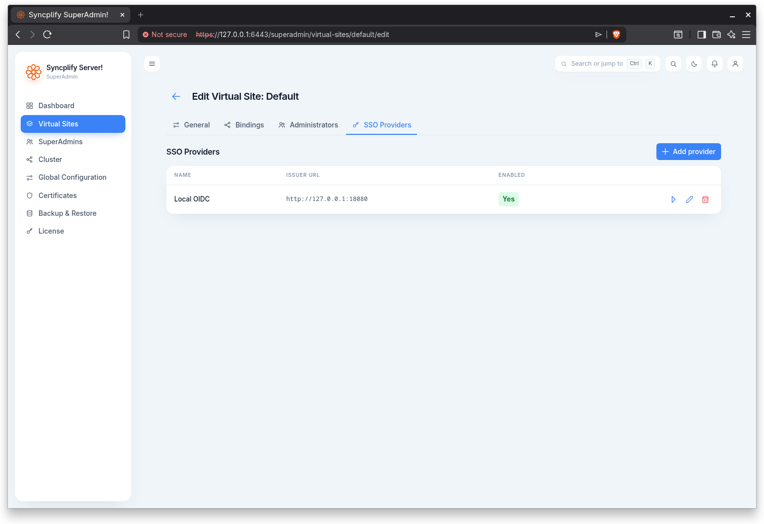 Virtual site SSO providers tab